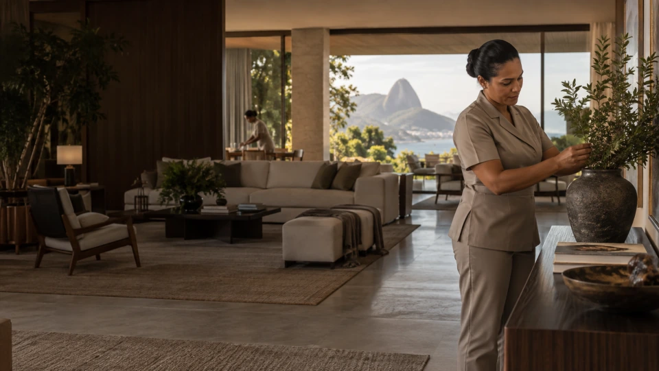 Profissional de hospitalidade preparando flores em uma residência de alto padrão