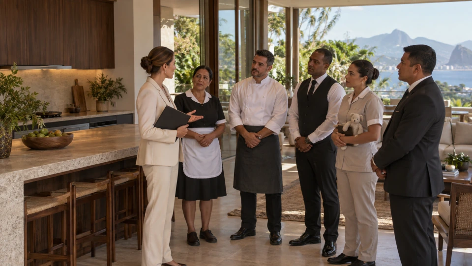 Gestora conduzindo um briefing com a equipe completa de uma residência